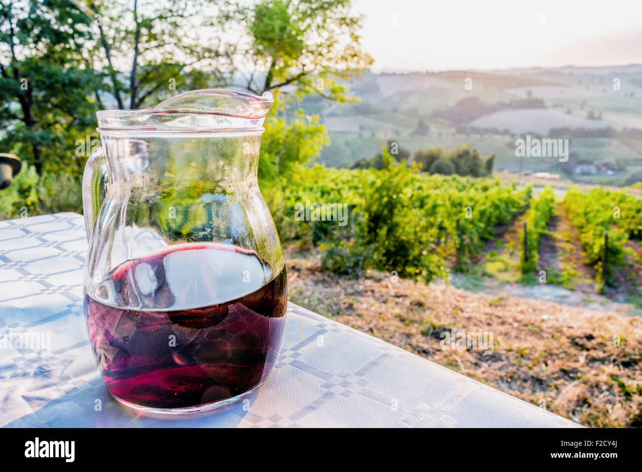 jug of genuine and non-industrial wine on a table with vineyards, farmlands and green vegetation of the countryside in the background Stock Photo