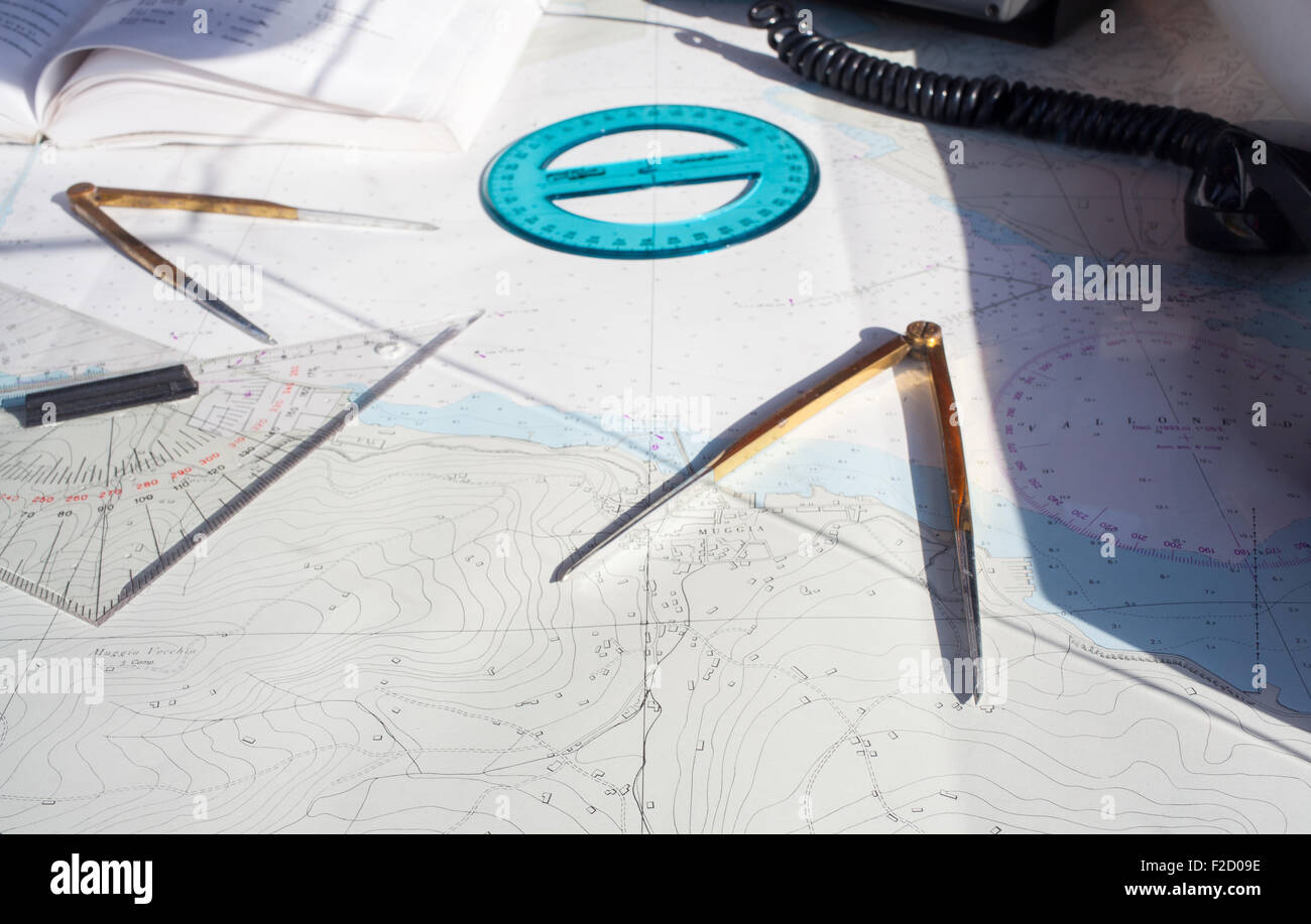 Compass, map and goniometer - Route on a Maritime Chart Stock Photo