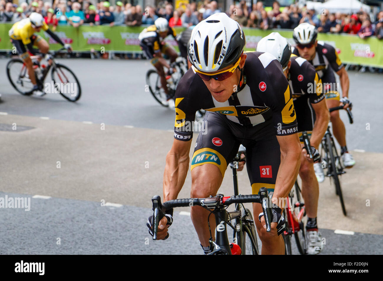 Serge Pauwels leads Team MTN-QHUBEKA during the final stage of the Tour of Britain 2015 cycle race, London, UK Stock Photo