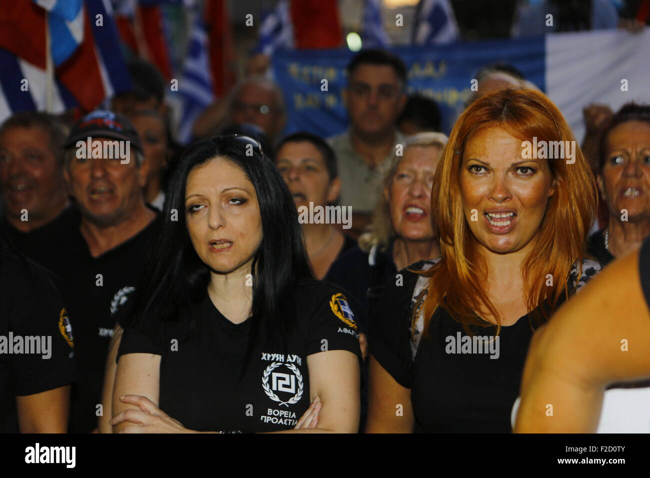 Athens, Greece. 16th September 2015. Golden Dawn supporter shout slogans at the election rally in Athens. Greek right wing  party Golden Dawn held an election rally in Athens, four days ahead of election day. The party hopes to gain enough seats in the election to become the third latest party in the Greek Parliament. Credit:  Michael Debets/Alamy Live News Stock Photo