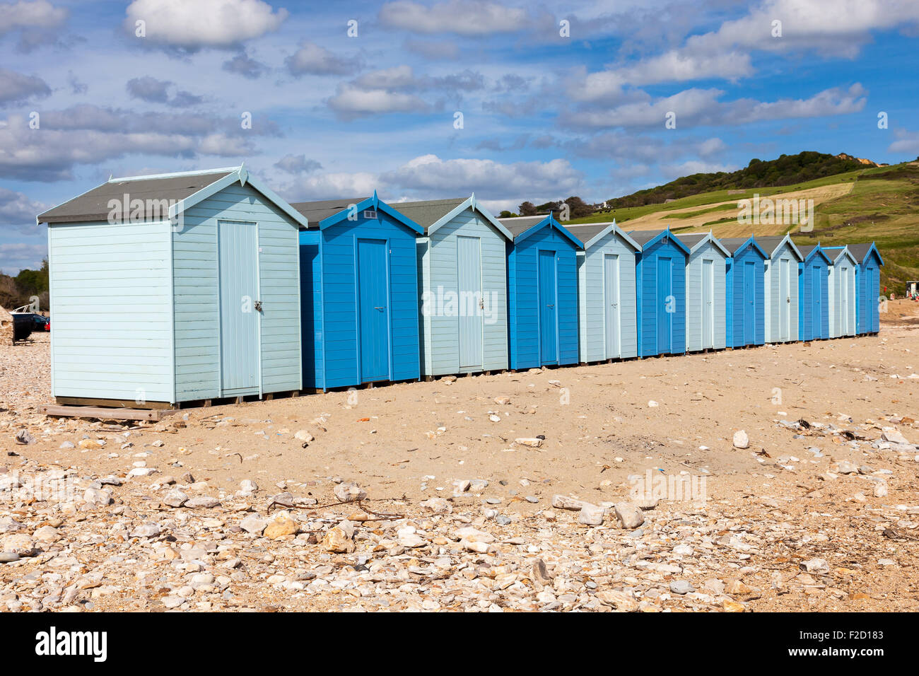 Beach huts at Charmouth on the Jurassic coast of  Dorset England UK Stock Photo