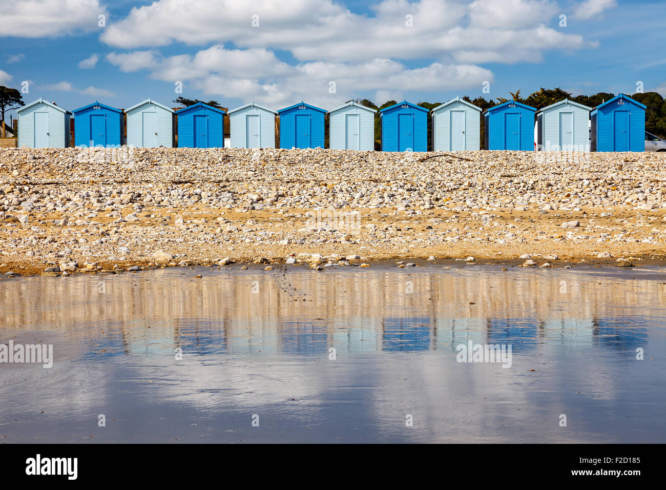 Beach huts at Charmouth on the Jurassic coast of  Dorset England UK Stock Photo