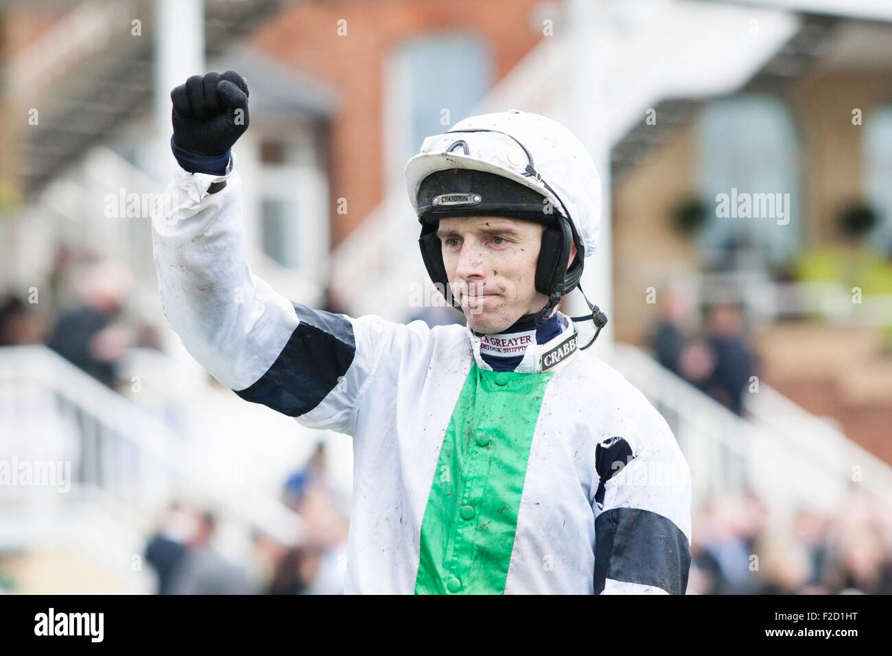 Irishman Leighton Aspell celebrates after riding Pineau De Re to victory in the 2014 Grand National. Stock Photo