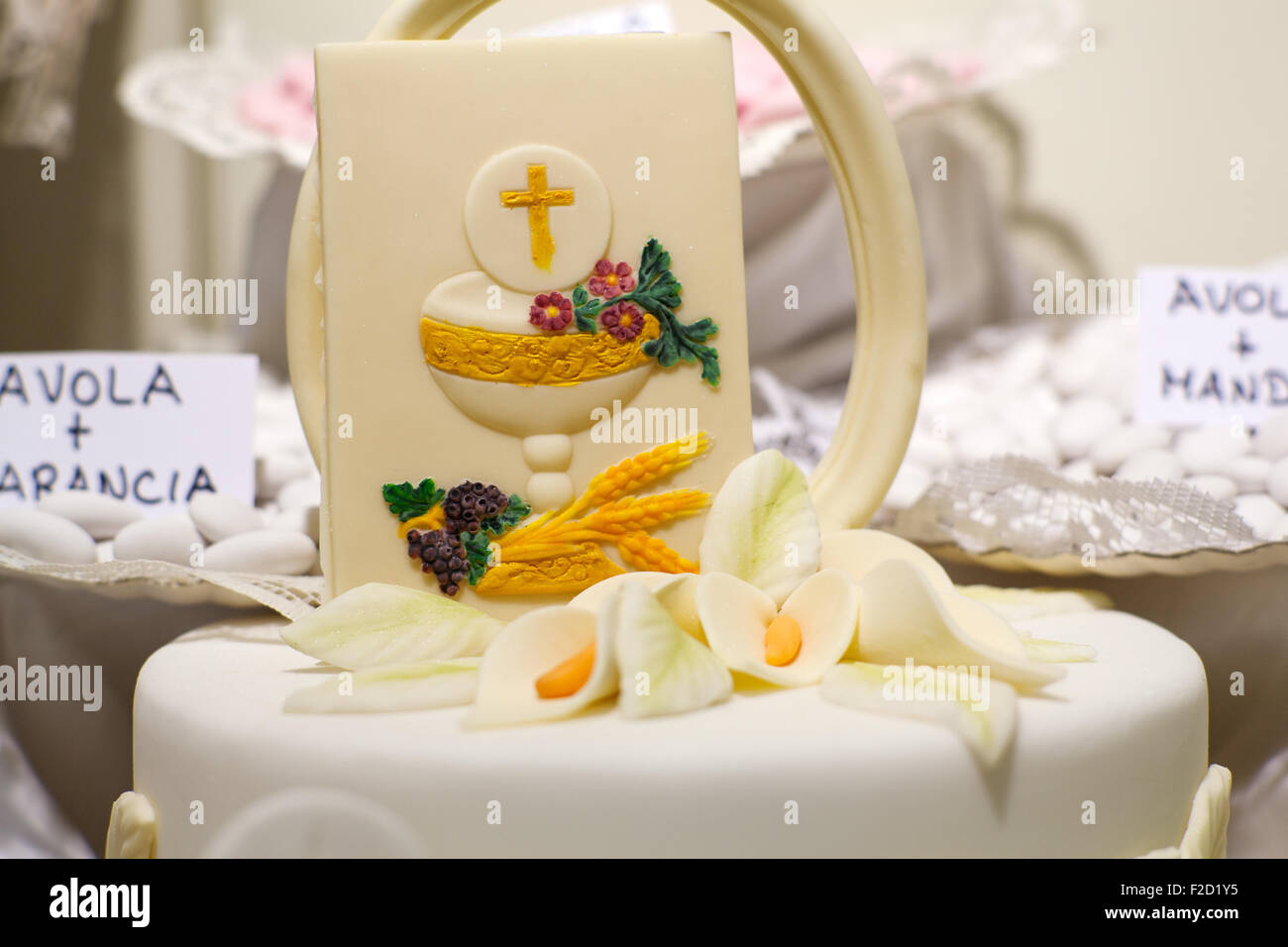 Cake and decorations for the celebration of First Communion Stock Photo ...