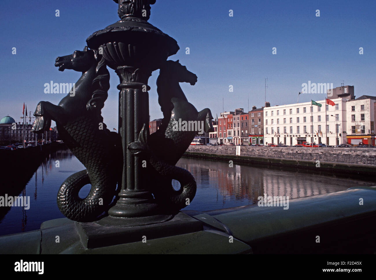Grattan Bridge over the River Liffey with The Ormond Hotel on the lower Ormond Quay, Dublin, referred to in James Joyce 'Dubliners',  Ireland Stock Photo