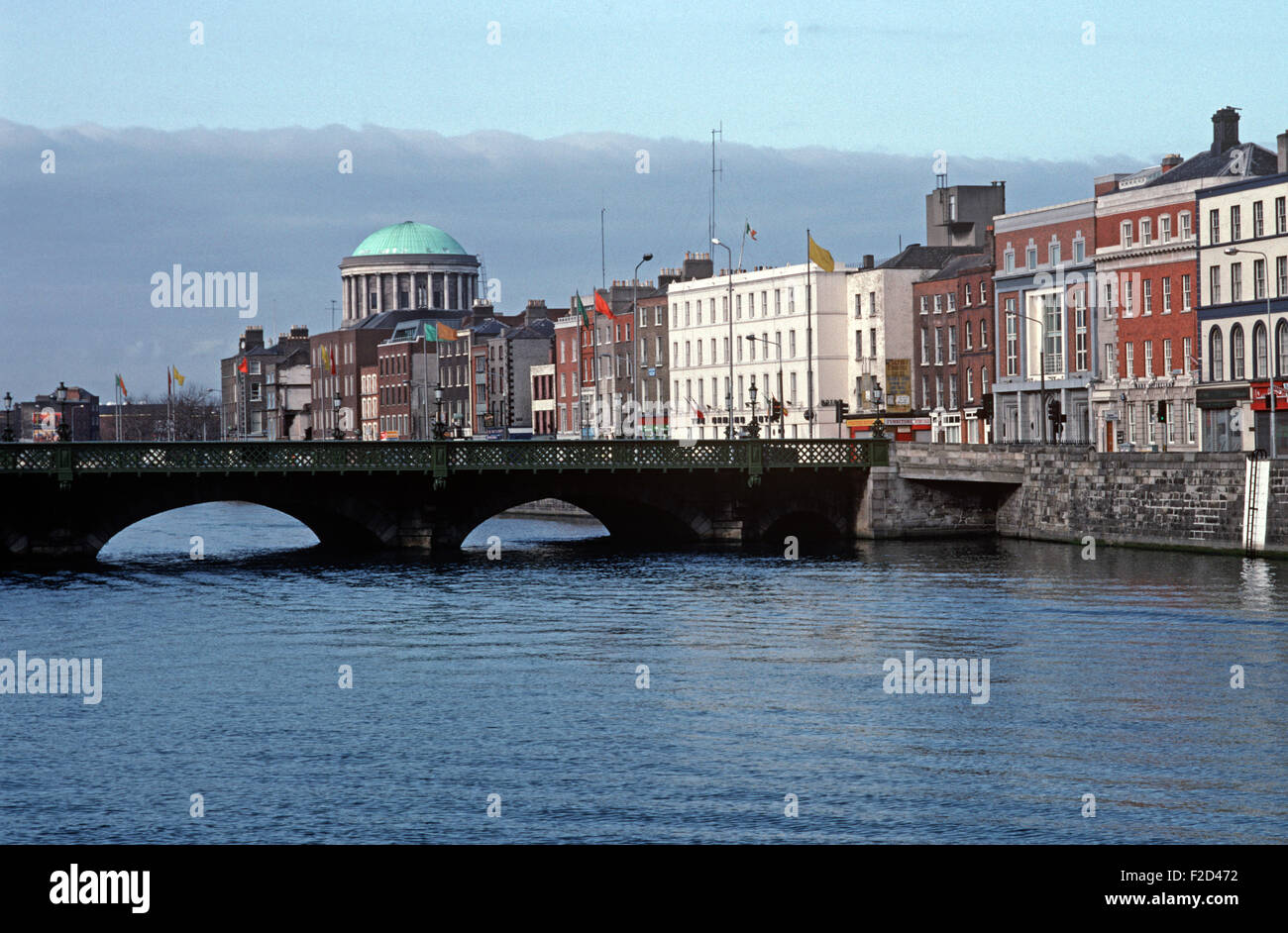Grattan Bridge over the River Liffey, with the Four Courts, The Ormond Hotel and the Lower Ormond Quay, as referred to by James Joyce in 'Dubliners', Dublin, Ireland Stock Photo