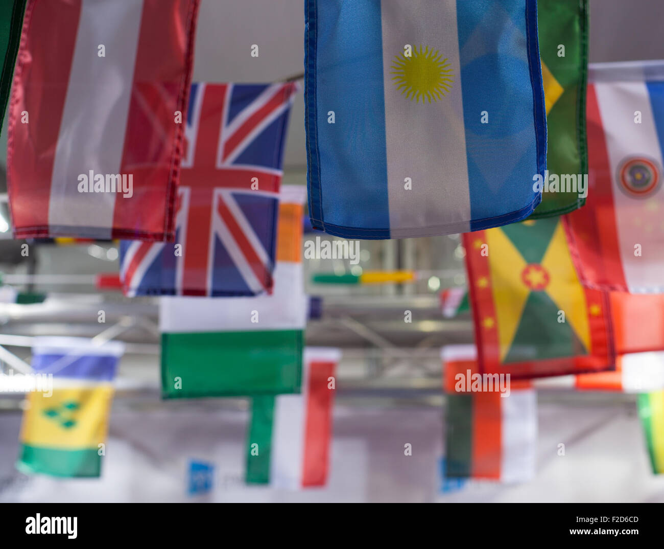 View Of Small Flags Hanging From The Ceiling Stock Photo