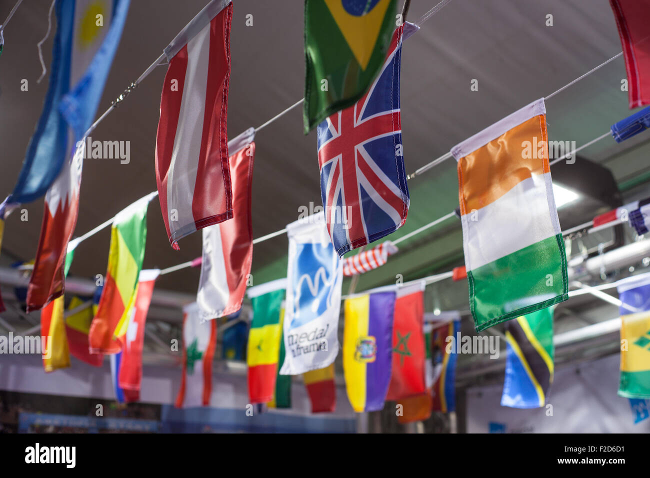 View Of Small Flags Hanging From The Ceiling Stock Photo