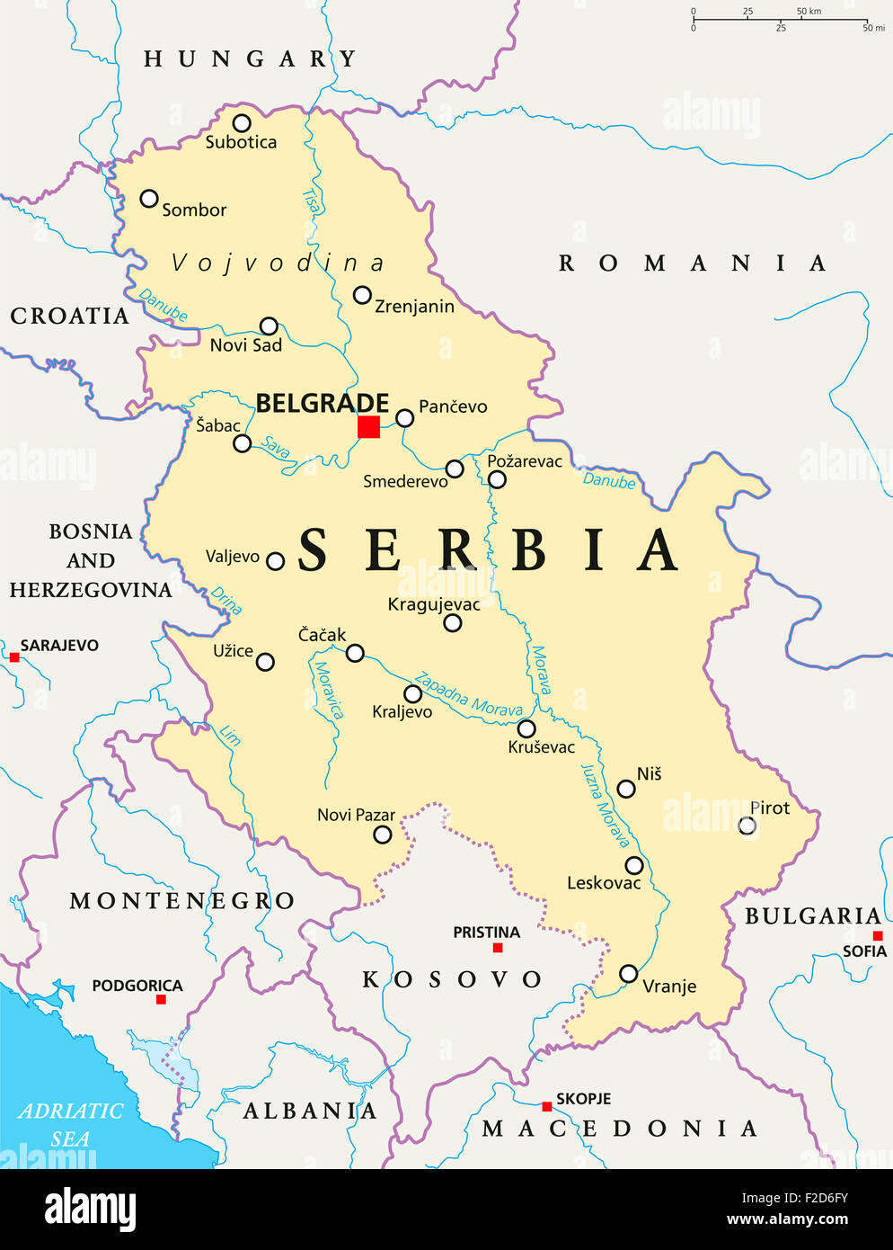 Serbia political map with capital Belgrade, national borders, important cities, rivers and lakes. English labeling and scaling. Stock Photo