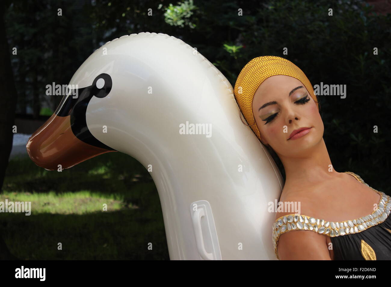 A realistic sculpture of a woman on a swan Stock Photo