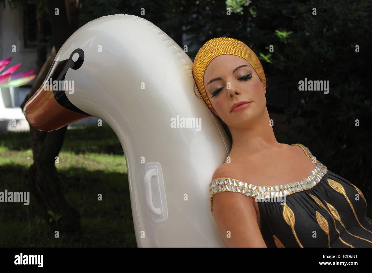 A realistic sculpture of a woman on a swan Stock Photo