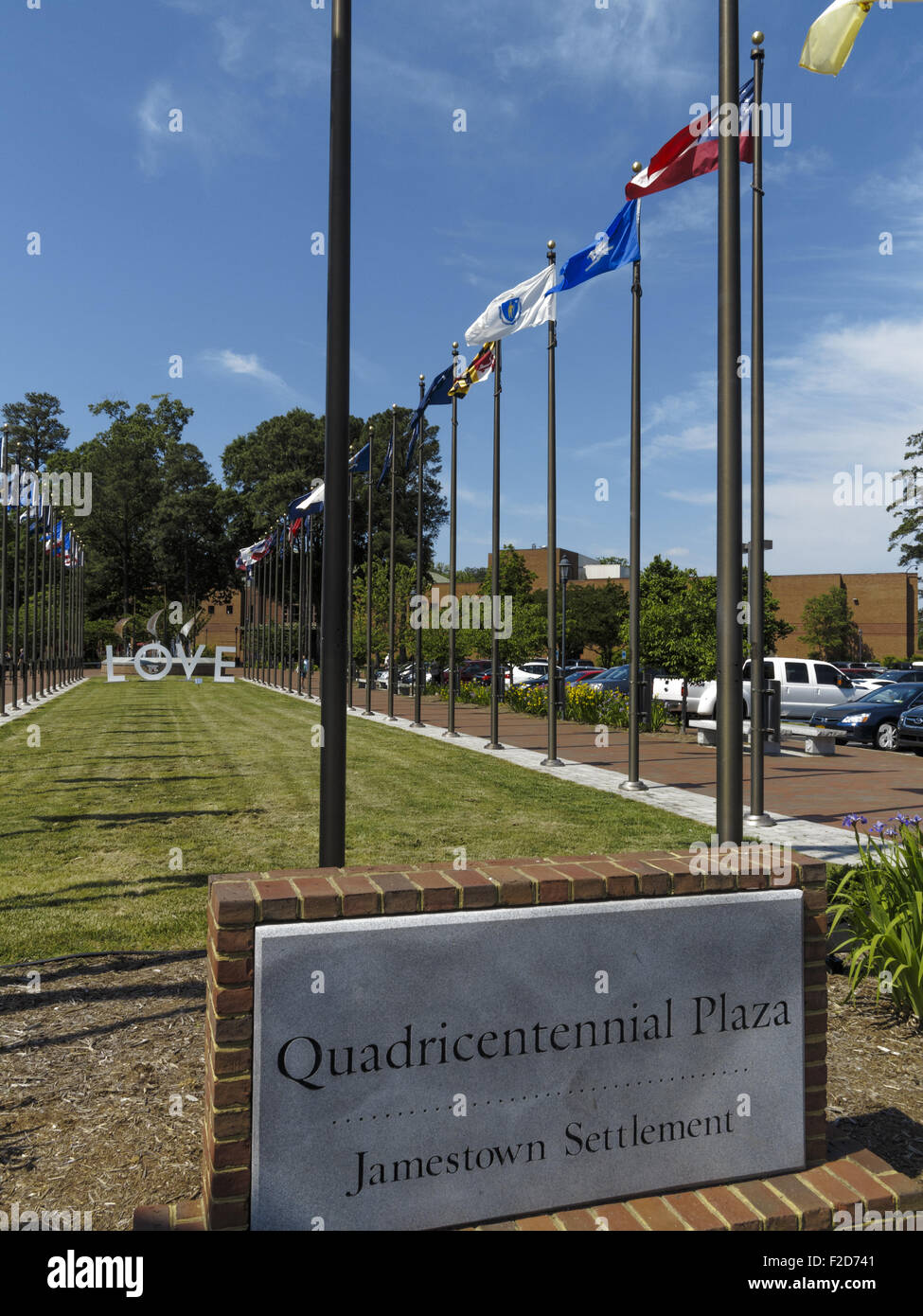 Quadricentennial Plaza Jamestown Settlement state flags and LOVE sign Williamsburg USA Stock Photo
