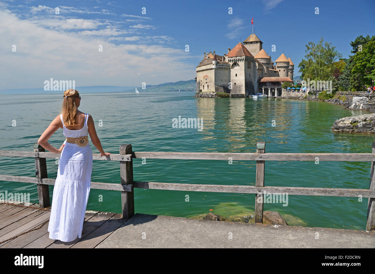 Girl looking at Chillion castle. Geneva lake, Switzerland Stock Photo