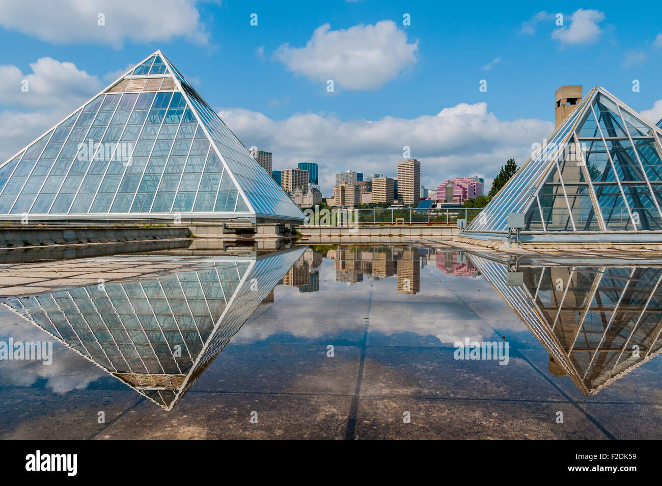 Edmonton skyline and Muttart Conservatory pyramids, a Botanical Garden in Edmonton, Alberta
