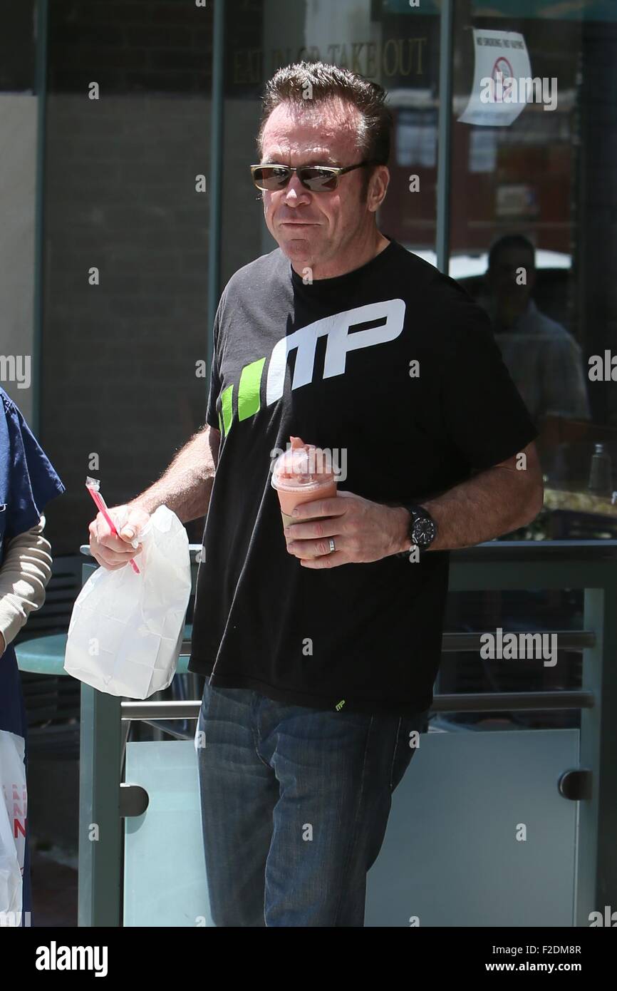 Tom Arnold seen leaving a cafe in Beverly Hills with a drink and some food to go.  Featuring: Tom Arnold Where: Los Angeles, California, United States When: 16 Jul 2015 Stock Photo