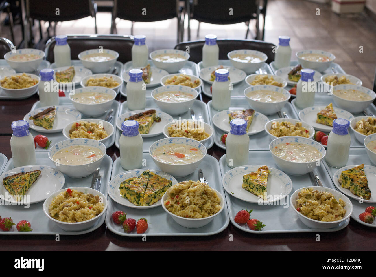 Many trays of school lunch Japan frittata tamagoyaki Stock Photo