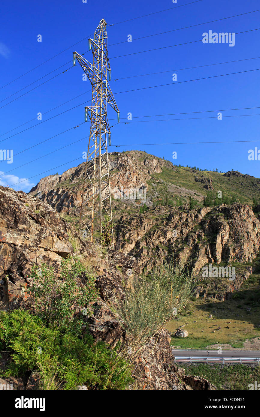 High voltage power lines in Altai Mountains near Chuysky Trakt Stock ...