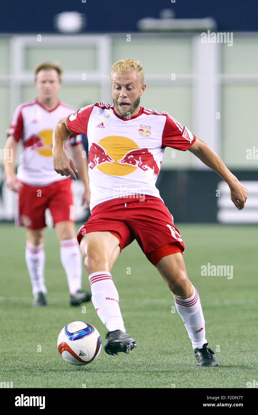 Foxborough, Massachussetts, USA. 16th September, 2015. New York Red Bulls forward Mike Grella (13) in action during the first half of the MLS game between the New England Revolution and New York Red Bulls at Gillette Stadium. New England defeated New York 2-1. Credit:  Cal Sport Media/Alamy Live News Stock Photo