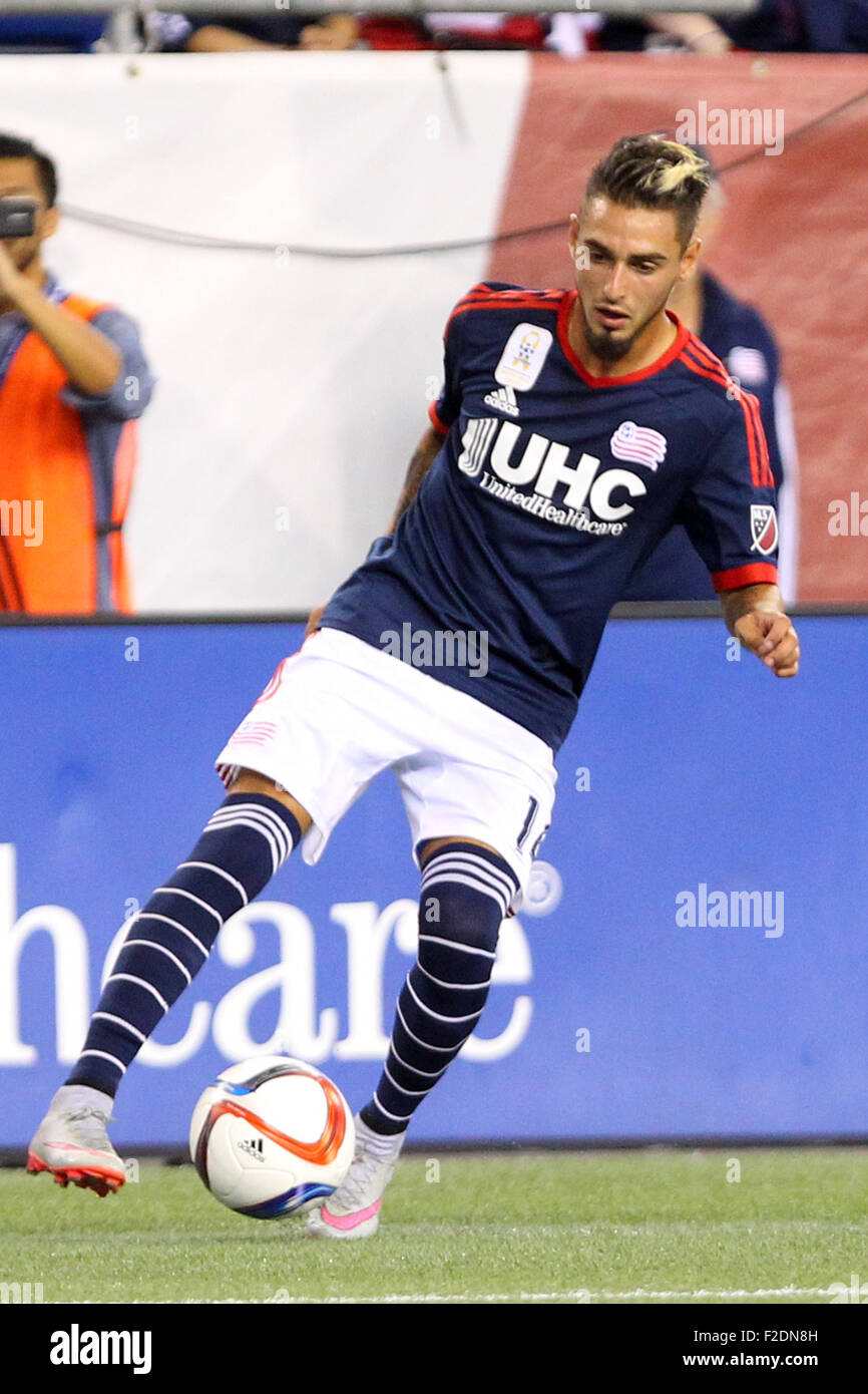 Foxborough, Massachussetts, USA. 16th September, 2015. New England Revolution forward Diego Fagundez (14) in action during the second half of the MLS game between the New England Revolution and New York Red Bulls at Gillette Stadium. New England defeated New York 2-1. Credit:  Cal Sport Media/Alamy Live News Stock Photo