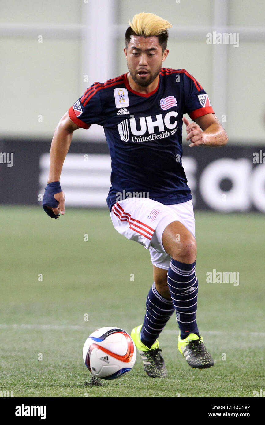 Foxborough, Massachussetts, USA. 16th September, 2015. New England Revolution midfielder/forward Lee Nguyen (24) in action during the second half of the MLS game between the New England Revolution and New York Red Bulls at Gillette Stadium. New England defeated New York 2-1. Credit:  Cal Sport Media/Alamy Live News Stock Photo