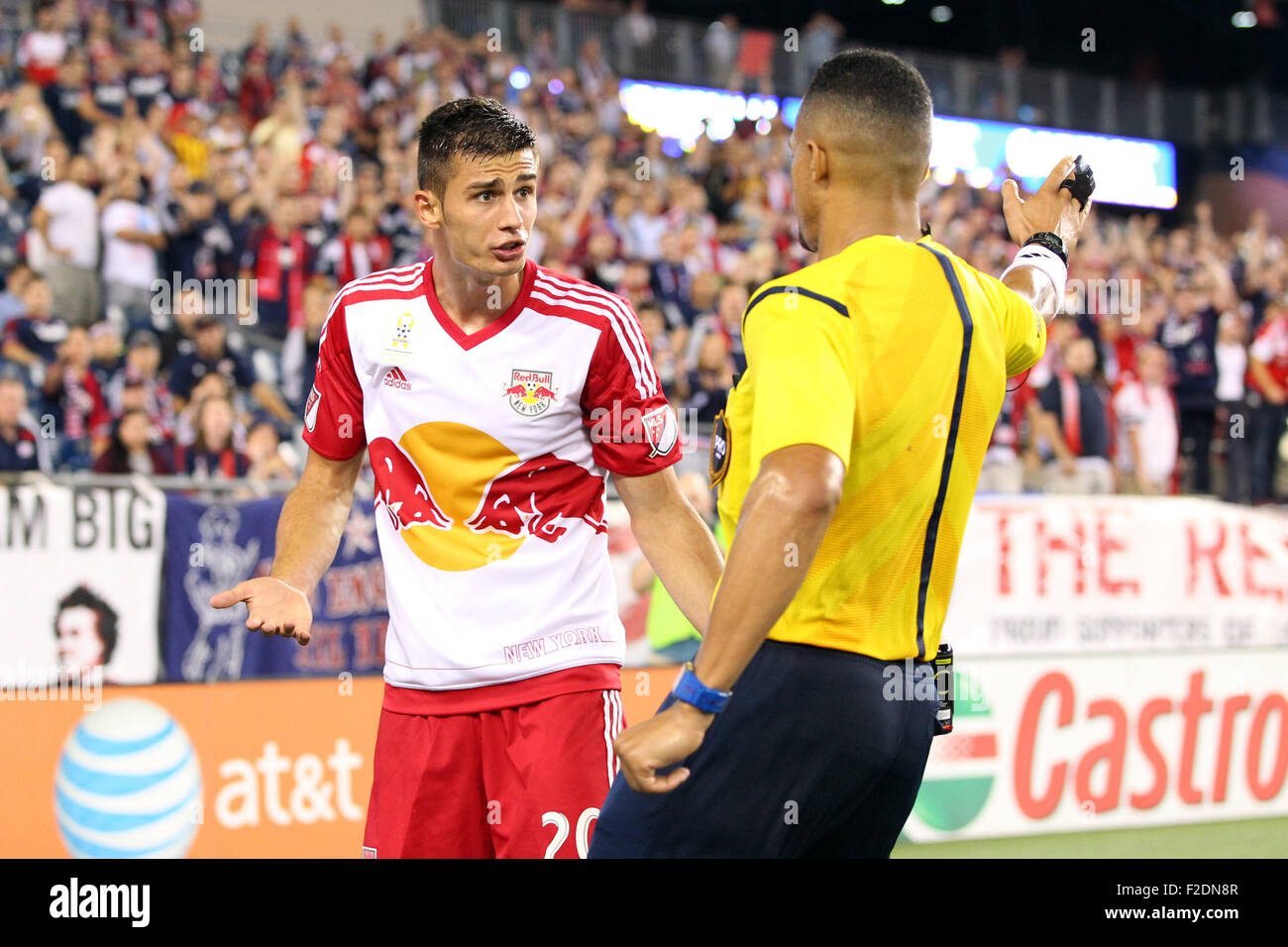 Foxborough, Massachussetts, USA. 16th September, 2015. New York Red Bulls defender Matt Miazga (20) reacts after receiving a yellow card during the MLS game between the New England Revolution and New York Red Bulls at Gillette Stadium. New England defeated New York 2-1. Credit:  Cal Sport Media/Alamy Live News Stock Photo
