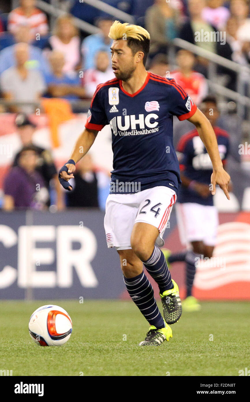 Foxborough, Massachussetts, USA. 16th September, 2015. New England Revolution midfielder/forward Lee Nguyen (24) in action during the second half of the MLS game between the New England Revolution and New York Red Bulls at Gillette Stadium. New England defeated New York 2-1. Credit:  Cal Sport Media/Alamy Live News Stock Photo