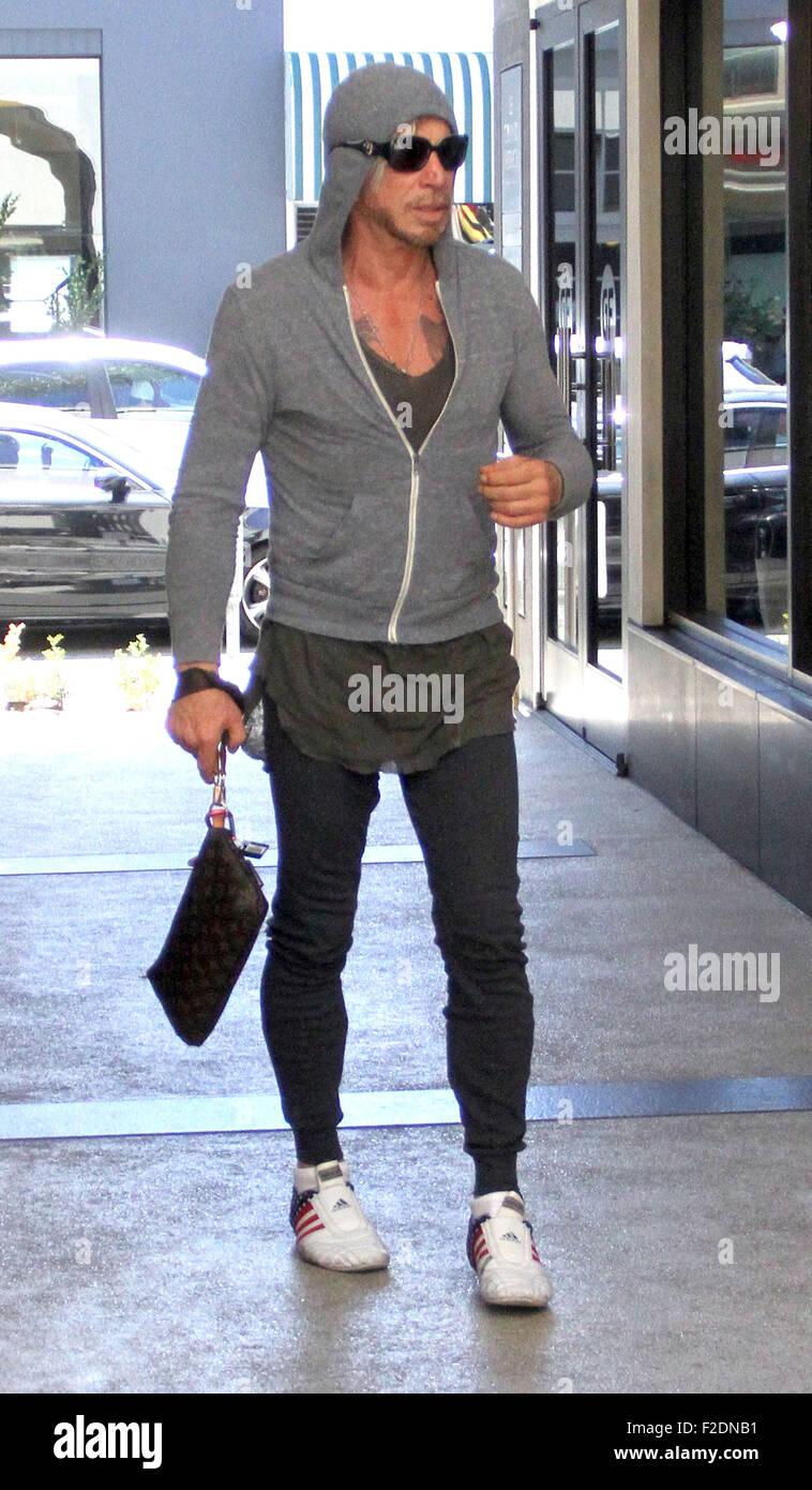 Mickey Rourke goes to Cafe Rome in Beverly Hills in a grey hoodie and ...