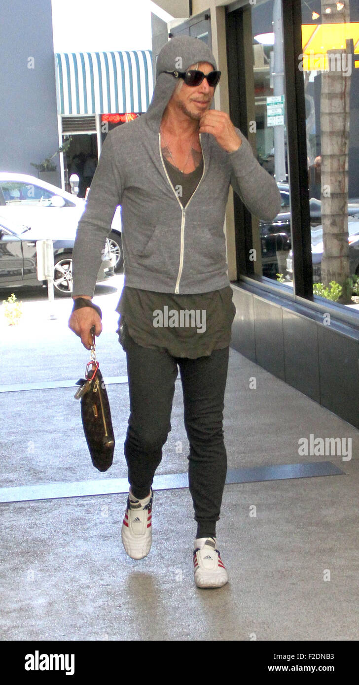 Mickey Rourke goes to Cafe Rome in Beverly Hills in a grey hoodie and ...