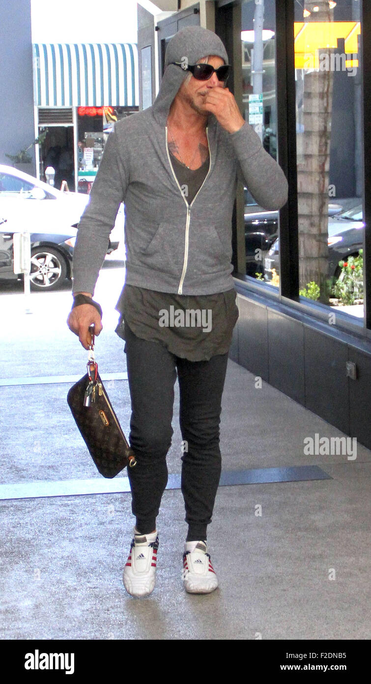 Mickey Rourke goes to Cafe Rome in Beverly Hills in a grey hoodie and ...
