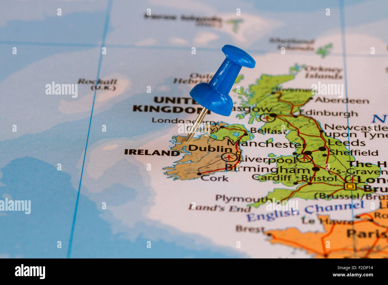 Map of Ireland with a blue pushpin stuck Stock Photo