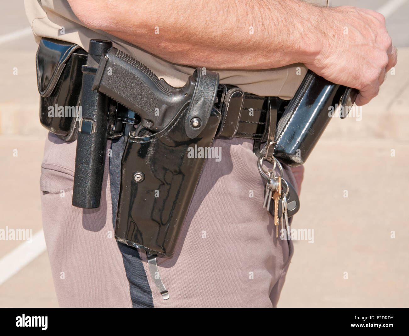 Side view of a sheriff's deputy's black patent leather duty belt with holsters and clips Stock Photo