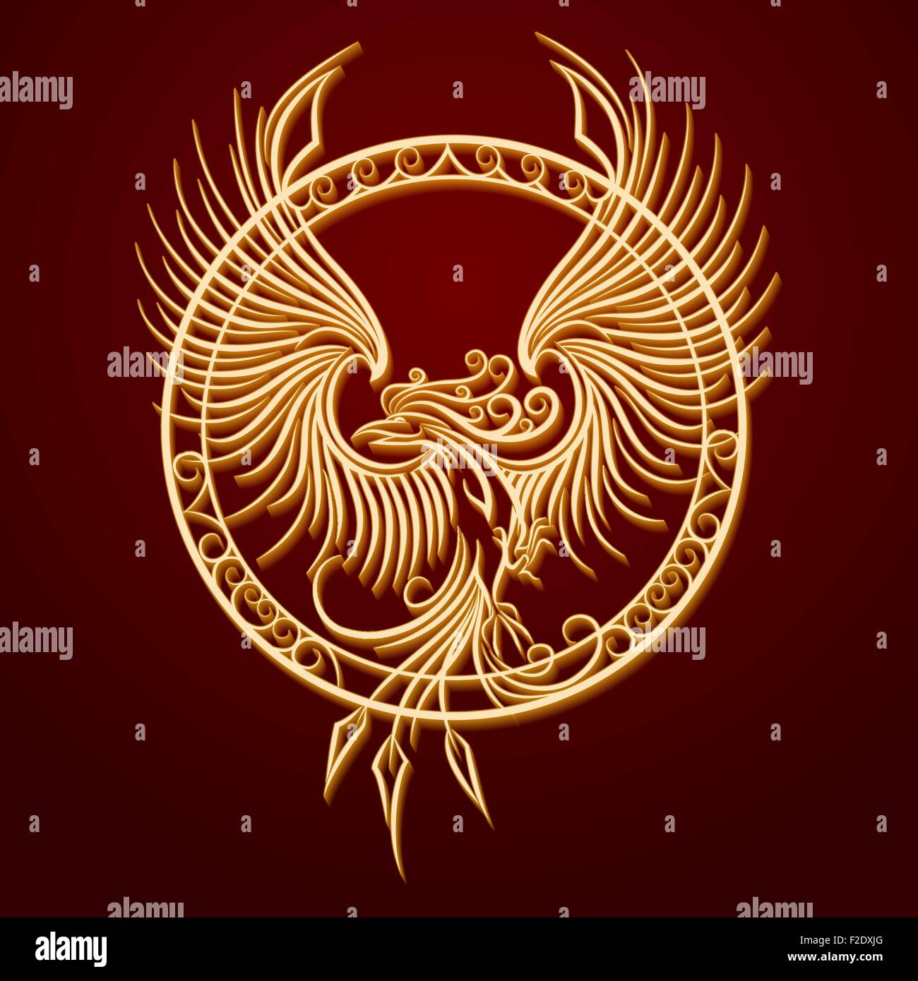 Phoenix Bird with rising wings in a circle. Ancient symbol of revival. Stock Vector