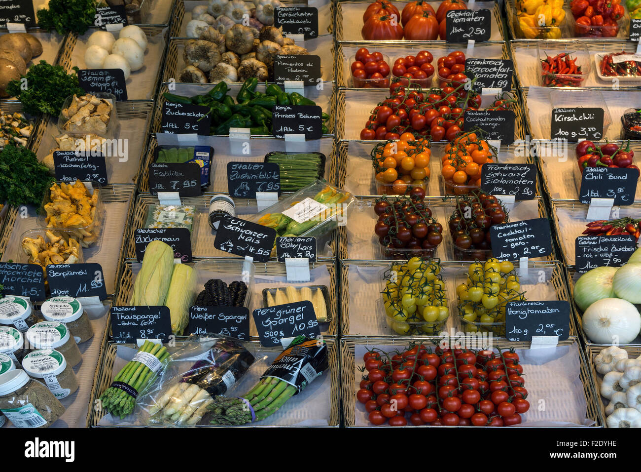 Various fruits and vegetables in a stall, Viktualienmarkt, Munich, Bavaria, Germany Stock Photo