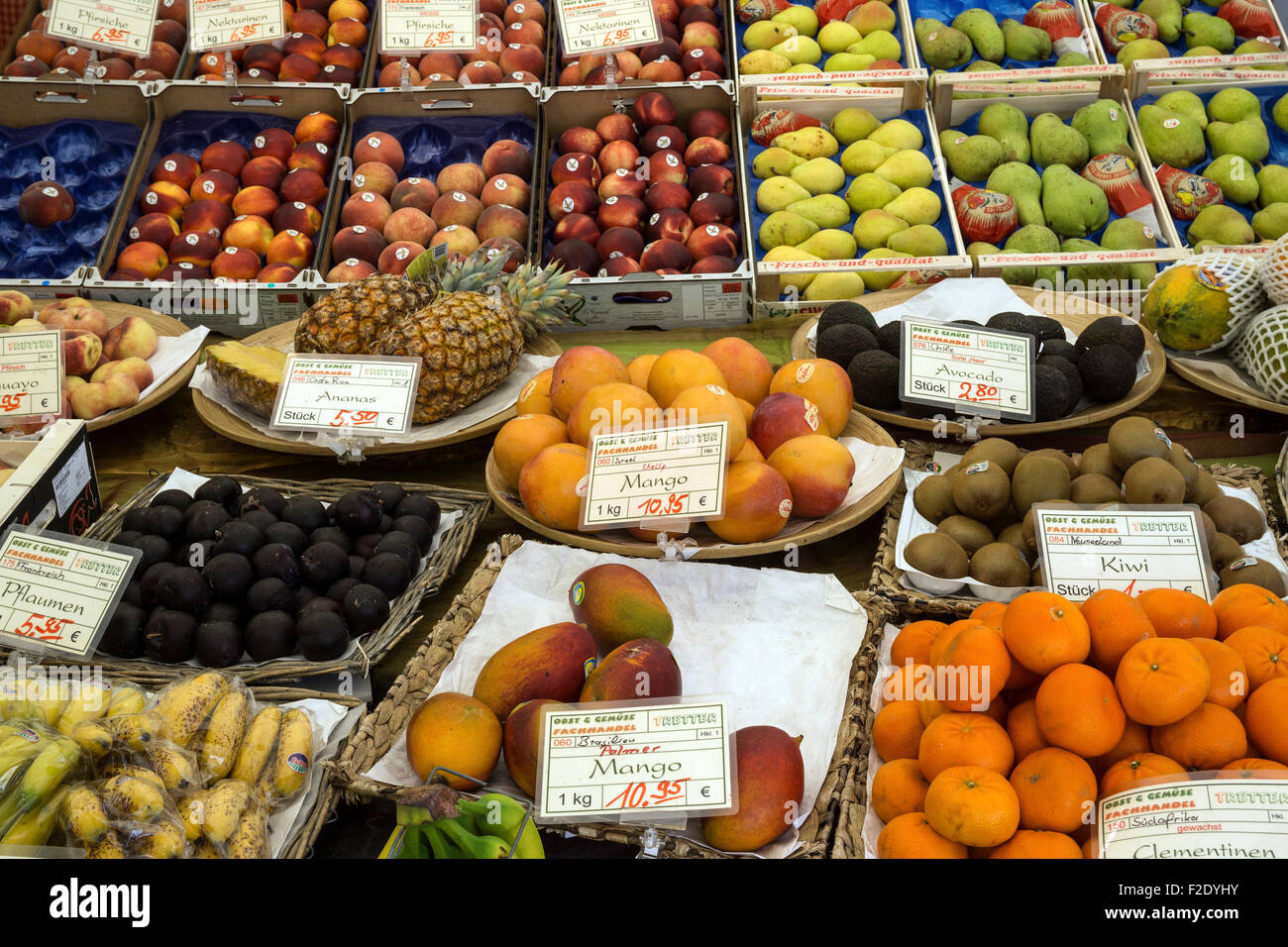 Various fruits at a fruit stand, Viktualienmarkt, Munich, Bavaria, Germany Stock Photo