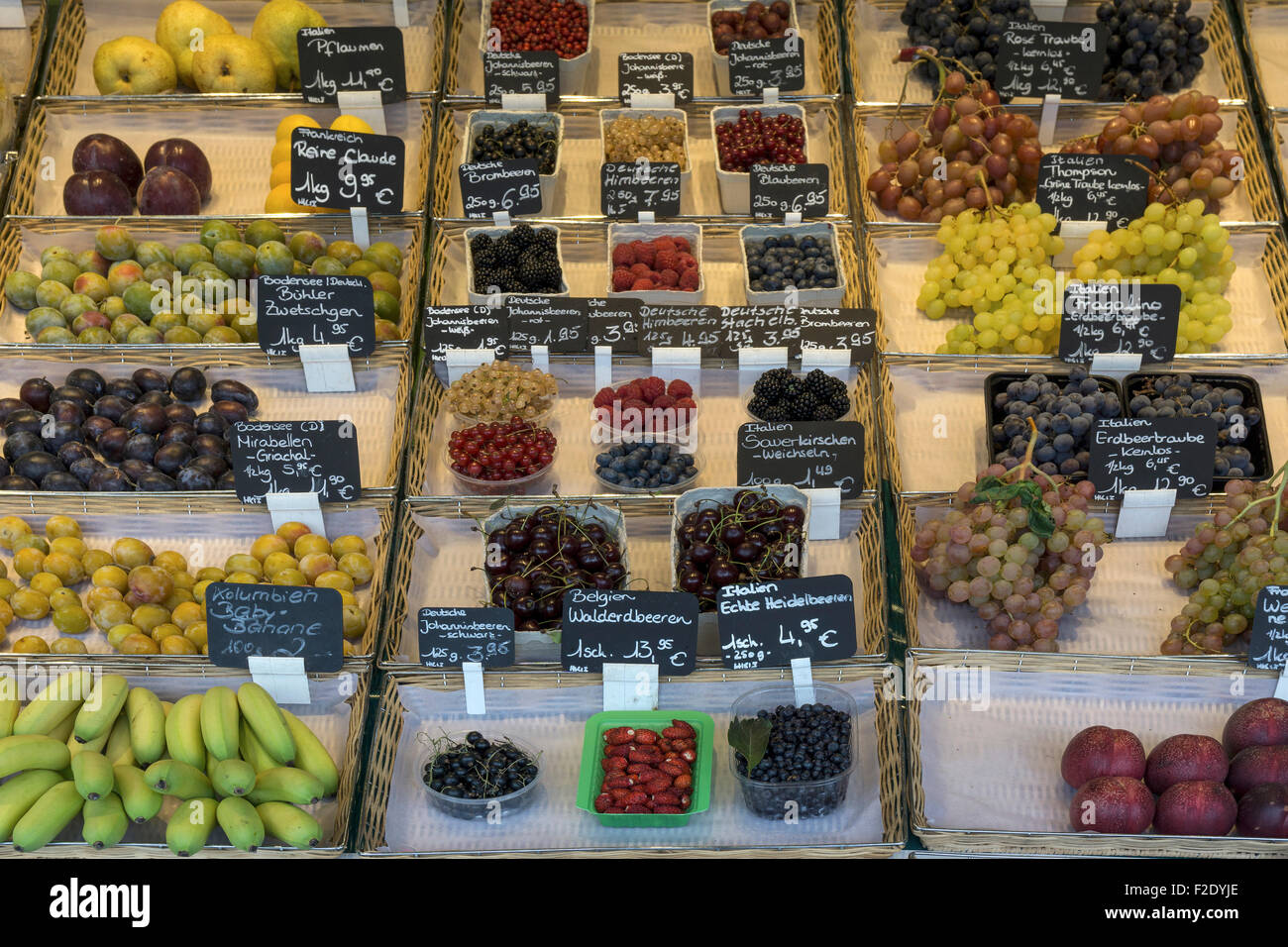Various fruits at a fruit stand, Viktualienmarkt, Munich, Bavaria, Germany Stock Photo