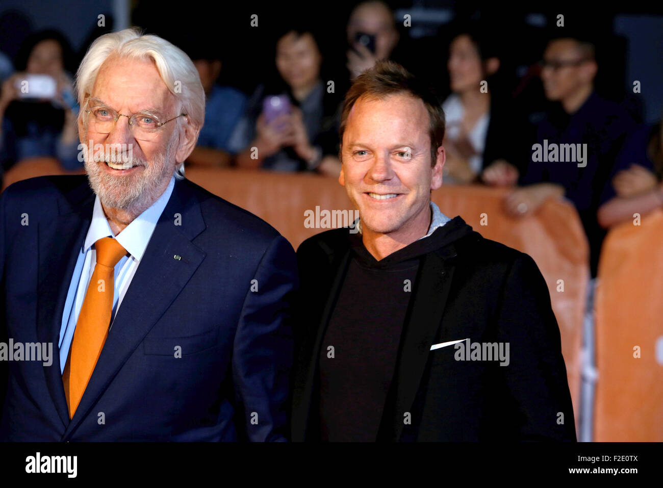 Actors Donald Sutherland (l) and Kiefer Sutherland attend the premiere of Forsaken during the 40th Toronto International Film Festival, TIFF, at Roy Thomson Hall in Toronto, Canada, on 15 September 2015. Photo: Hubert Boesl /dpa - NO WIRE SERVICE - Stock Photo