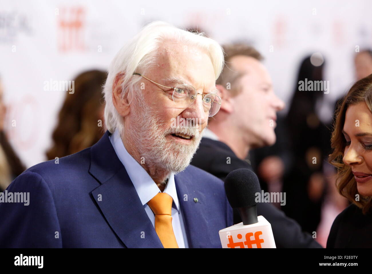 Actors Donald Sutherland (l) and Kiefer Sutherland attend the premiere of Forsaken during the 40th Toronto International Film Festival, TIFF, at Roy Thomson Hall in Toronto, Canada, on 15 September 2015. Photo: Hubert Boesl /dpa - NO WIRE SERVICE - Stock Photo