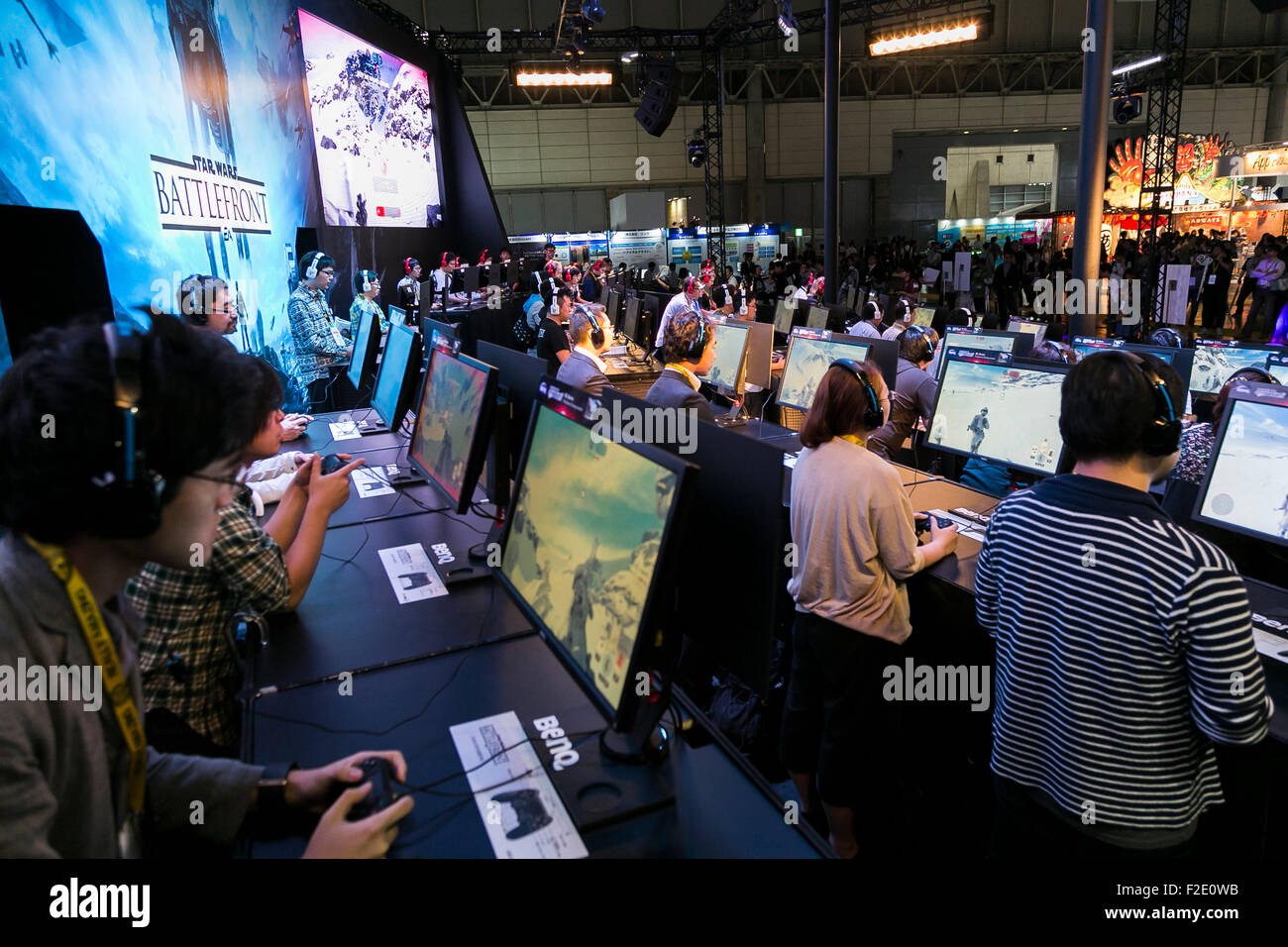 Tokyo, Japan. 17th September, 2015. Visitors play Star Wars: Battlefront video game at the Tokyo Game Show on September 17, 2015, Chiba, Japan. The world's biggest trade show for video game developers brings together 480 exhibitors from 37 different countries and runs from September 17th to 20th at the International Convention Complex Makuhari Messe in Chiba. This year the exhibition registered its' highest number of exhibitors ever, with 2,009 booths showing some 1,283 game titles for smartphones, games consoles, PC and TV platforms. Credit:  Aflo Co. Ltd./Alamy Live News Stock Photo
