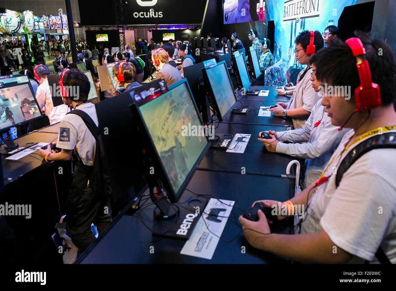 Tokyo, Japan. 17th September, 2015. Visitors play Star Wars: Battlefront video game at the Tokyo Game Show on September 17, 2015, Chiba, Japan. The world's biggest trade show for video game developers brings together 480 exhibitors from 37 different countries and runs from September 17th to 20th at the International Convention Complex Makuhari Messe in Chiba. This year the exhibition registered its' highest number of exhibitors ever, with 2,009 booths showing some 1,283 game titles for smartphones, games consoles, PC and TV platforms. Credit:  Aflo Co. Ltd./Alamy Live News Stock Photo