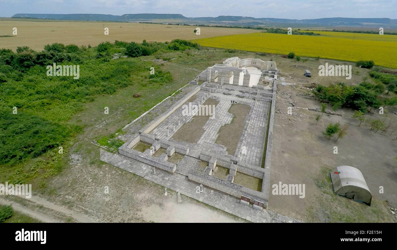 A drone view of The Great Basilica of Pliska, described as the mother of all Bulgarian churches, which is set to be reconstructed and restored. The Great Basilica is the only one and unique copy of San Pietro in Vincoli Cathedral in Rome. The Bulgarian government has given 255,000 euros for the project. The excavations are supposed to set the ground for the restoration of the Great Basilica in order to promote both patriotic sentiments, and cultural tourism in Bulgaria.  Pliska is capital of the First Bulgarian Empire between 680 and 893 AD. The Great Basilica in Pliska was the largest Christi Stock Photo