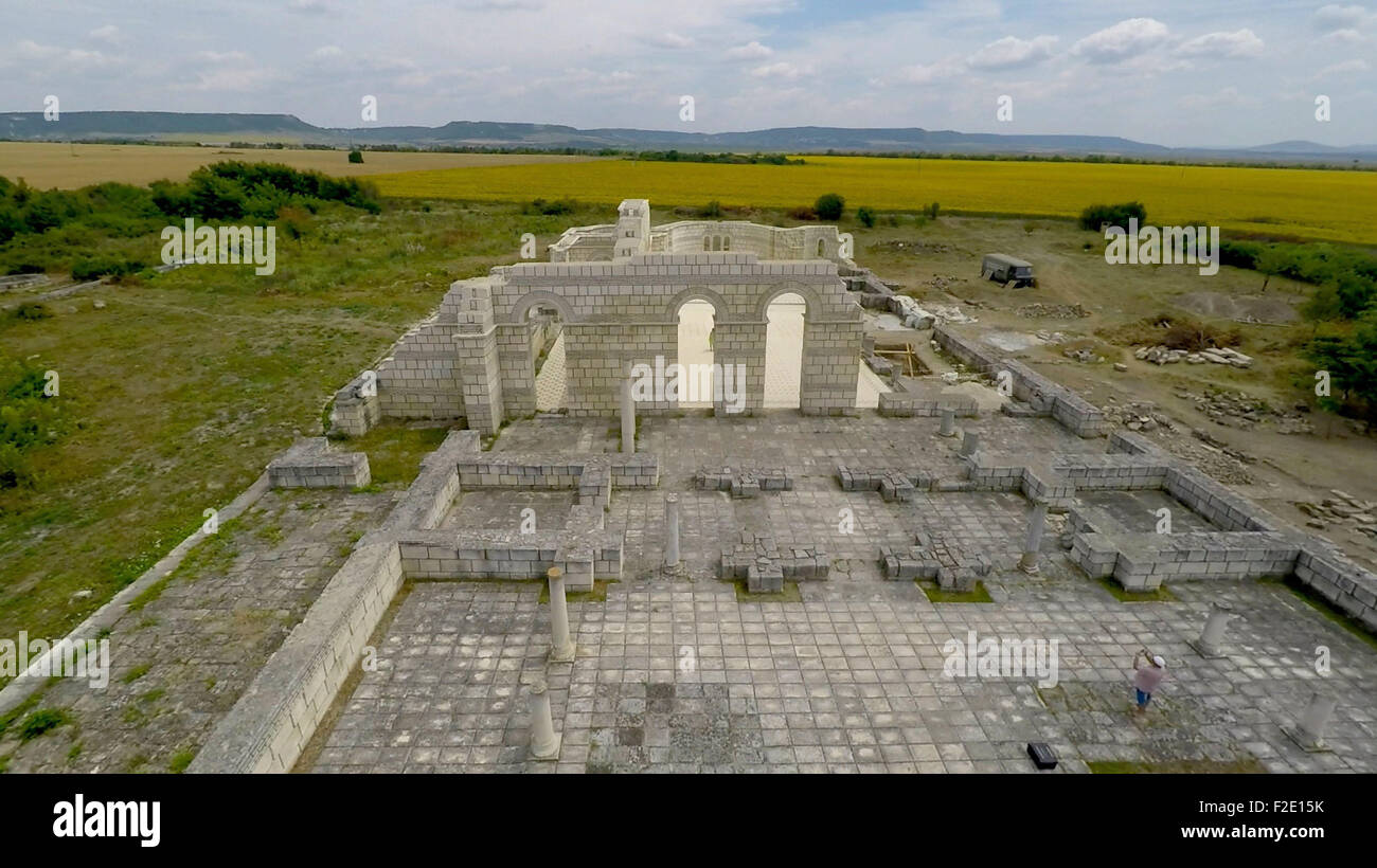 A drone view of The Great Basilica of Pliska, described as the mother of all Bulgarian churches, which is set to be reconstructed and restored. The Great Basilica is the only one and unique copy of San Pietro in Vincoli Cathedral in Rome. The Bulgarian government has given 255,000 euros for the project. The excavations are supposed to set the ground for the restoration of the Great Basilica in order to promote both patriotic sentiments, and cultural tourism in Bulgaria.  Pliska is capital of the First Bulgarian Empire between 680 and 893 AD. The Great Basilica in Pliska was the largest Christi Stock Photo