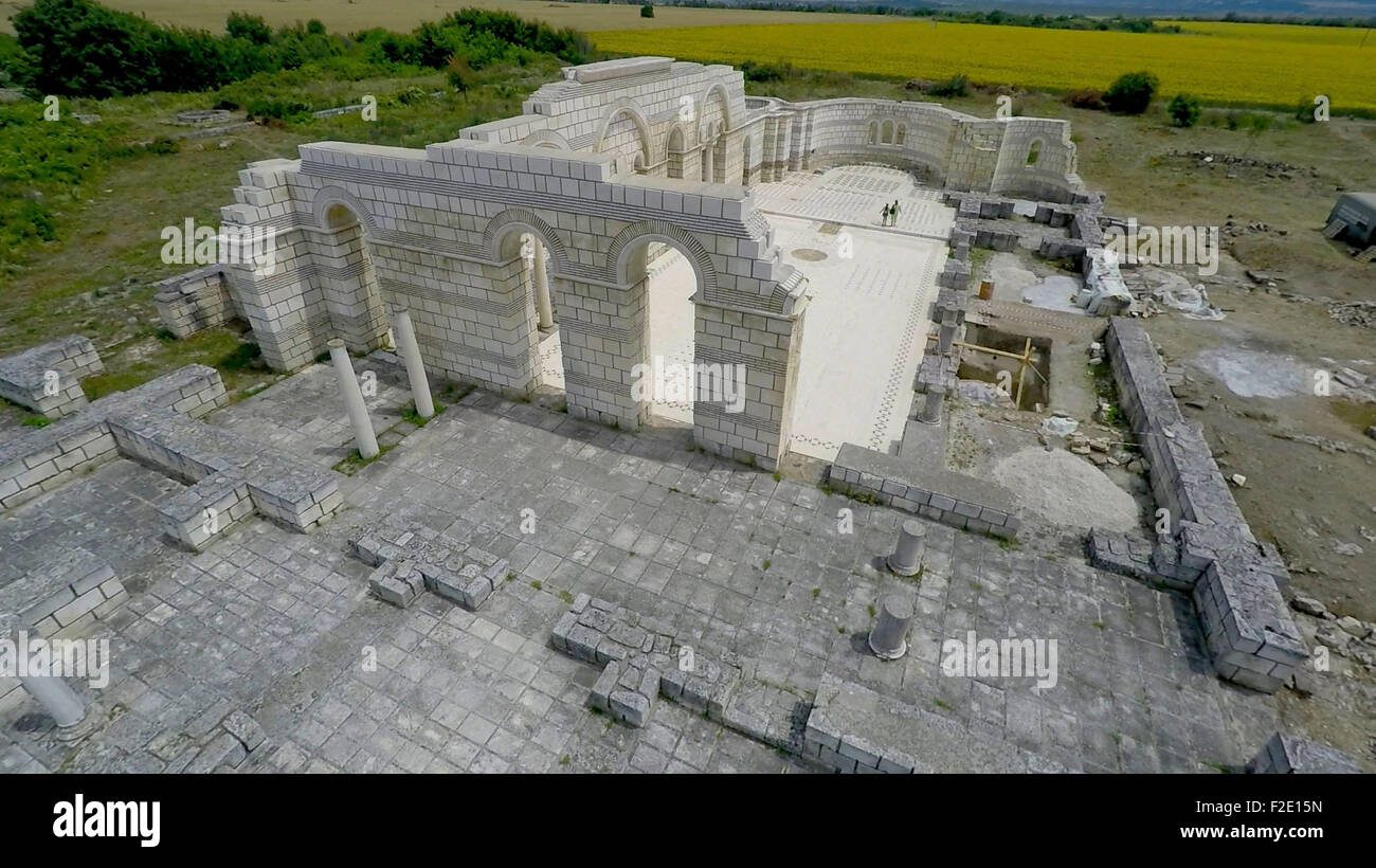 A drone view of The Great Basilica of Pliska, described as the mother ...