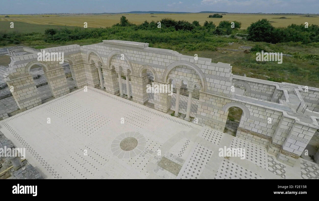 A drone view of The Great Basilica of Pliska, described as the mother of all Bulgarian churches, which is set to be reconstructed and restored. The Great Basilica is the only one and unique copy of San Pietro in Vincoli Cathedral in Rome. The Bulgarian government has given 255,000 euros for the project. The excavations are supposed to set the ground for the restoration of the Great Basilica in order to promote both patriotic sentiments, and cultural tourism in Bulgaria.  Pliska is capital of the First Bulgarian Empire between 680 and 893 AD. The Great Basilica in Pliska was the largest Christi Stock Photo