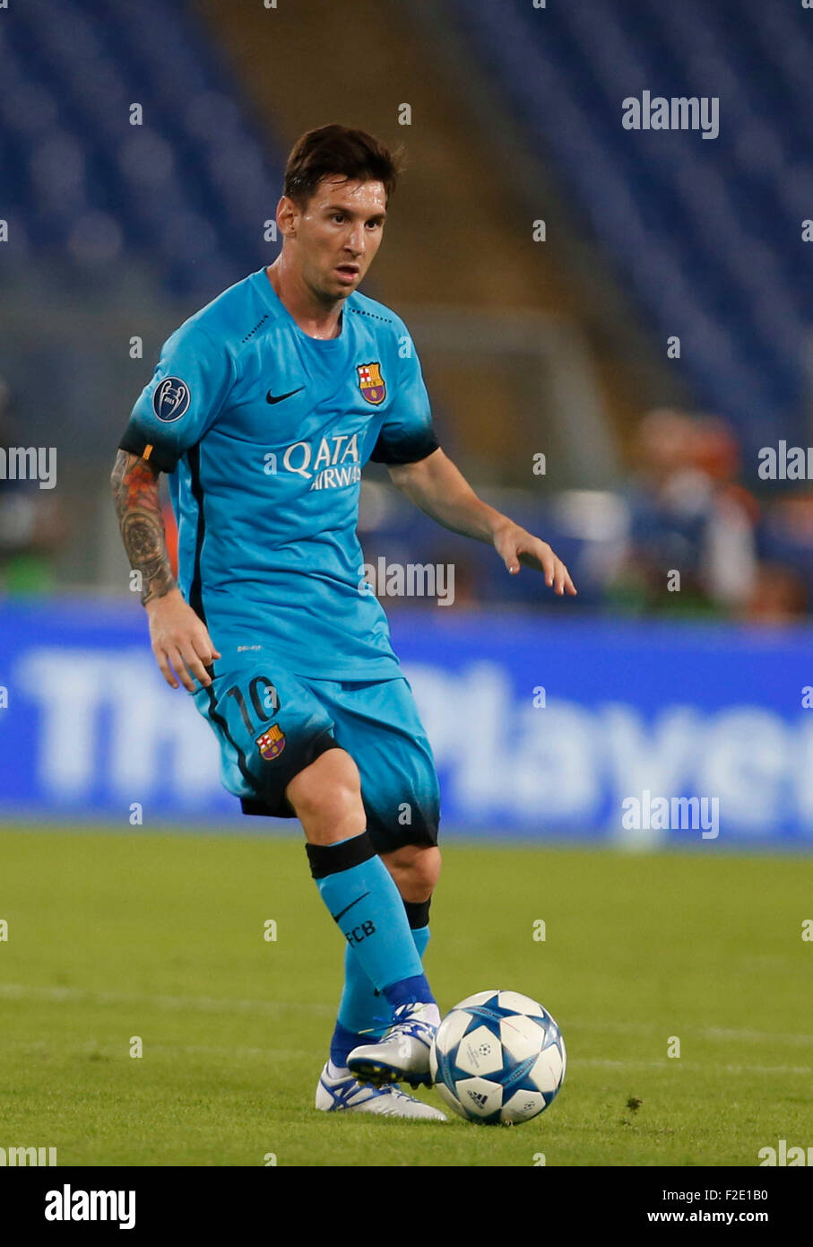 Rome, Italy. 16th Sep, 2015. Barcellona's Lionel Messi controls the ball  during the Champions League Group E soccer match against AS Roma   at the Olympic Stadium in Rome September 16, 2015 Credit:  agnfoto/Alamy Live News Stock Photo