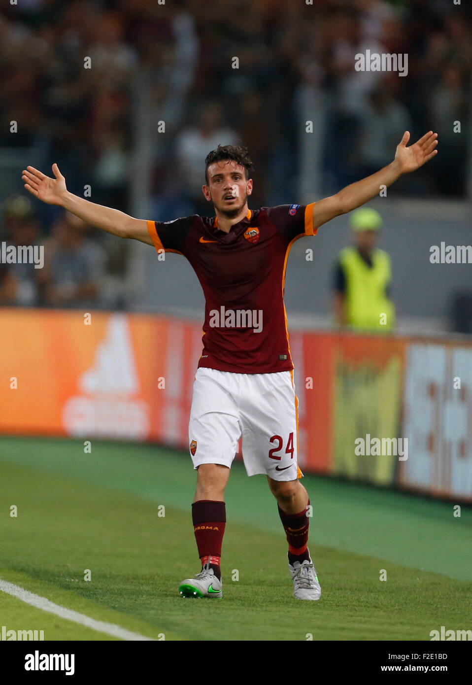 Rome, Italy. 16th Sep, 2015. AS Roma's Iago Falque  celebrates after scoring during the Champions League Group E soccer match against Barcellona   at the Olympic Stadium in Rome September 16, 2015 Credit:  agnfoto/Alamy Live News Stock Photo