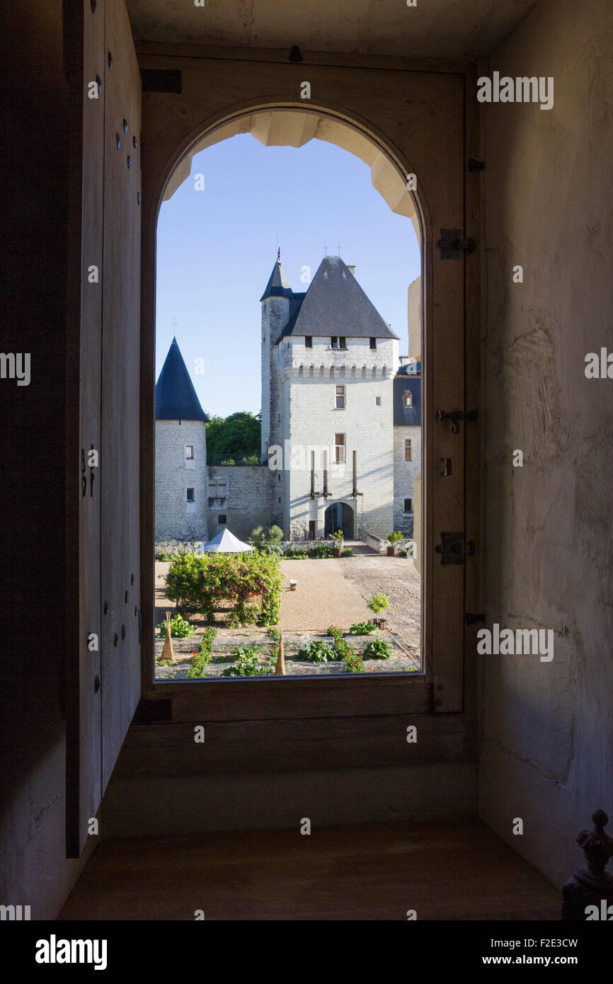 Chateau du Rivau, Loire Valley, France, drawbridge tower seen from Ecuries Royales guest rooms Stock Photo