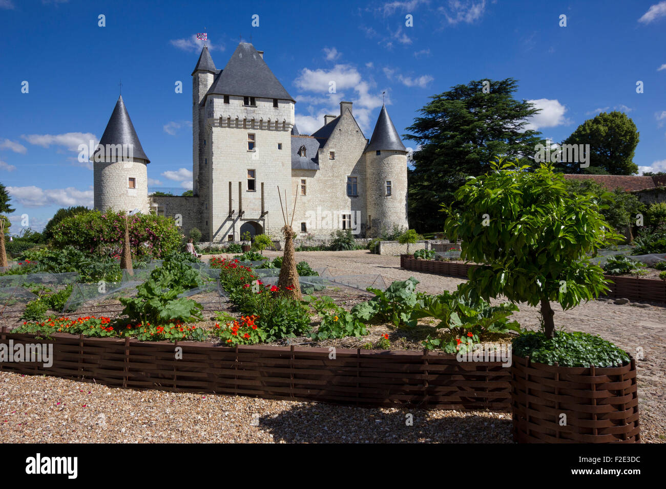 Chateau du Rivau,  courtyard with Potager de Gargantua and Chateau Stock Photo