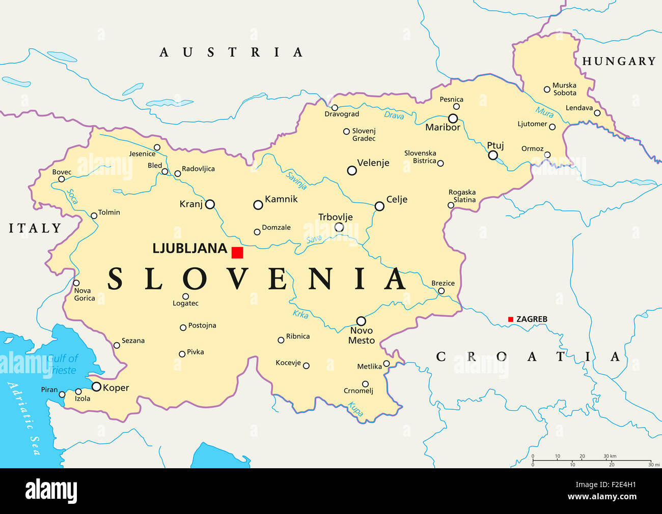 Slovenia political map with capital Ljubljana, national borders, important cities, rivers and lakes. English labeling / scaling. Stock Photo