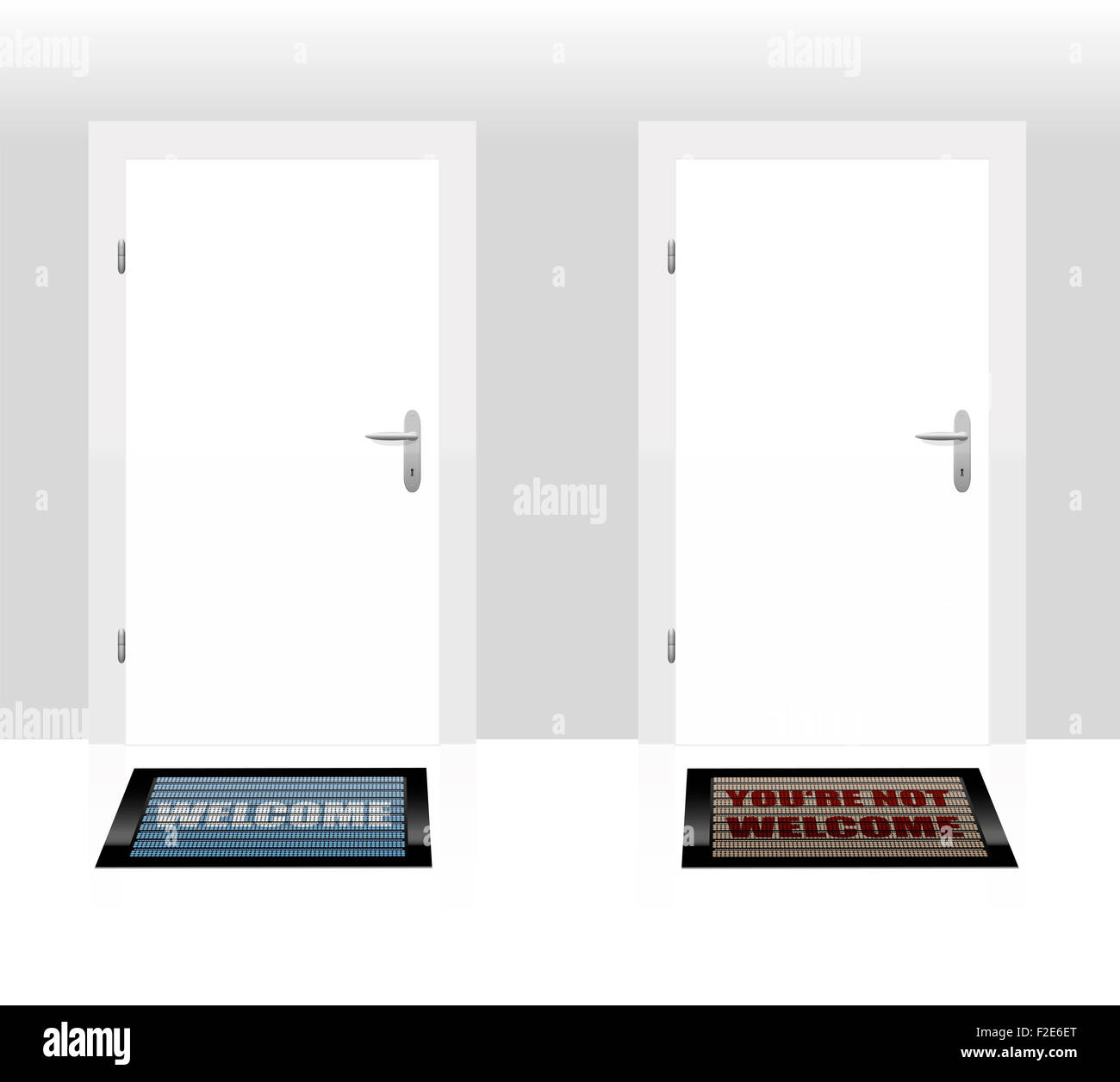 Two doormats lying in front of two doors one says the other