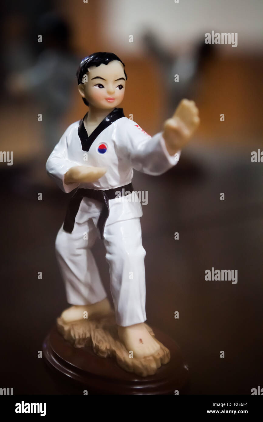 Mini human figure in taekwondo costume at Korean Cultural Center (KCC) in Jakarta, Indonesia. Stock Photo